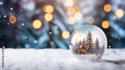 Snow globe with christmas tree and house on snow with bokeh background
