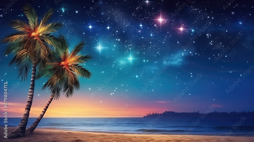 Obraz premium Tropical beach with palm trees and starry sky at sunset and starry sky