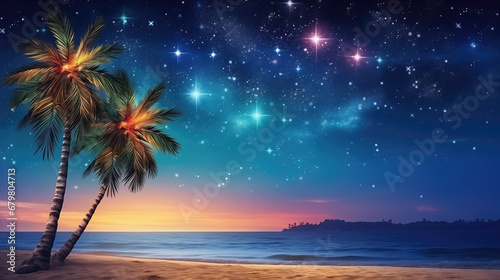 Tropical beach with palm trees and starry sky at sunset and starry sky