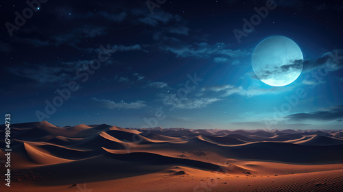 Huge moon over sand dunes in desert.