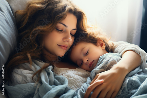 Mutter schläft zusammen im Bett mit ihrem Baby (Durch AI generiert)