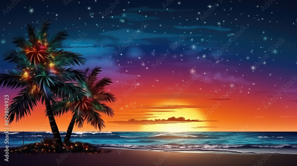 Illustration of a beautiful sunset with palm trees and starry sky