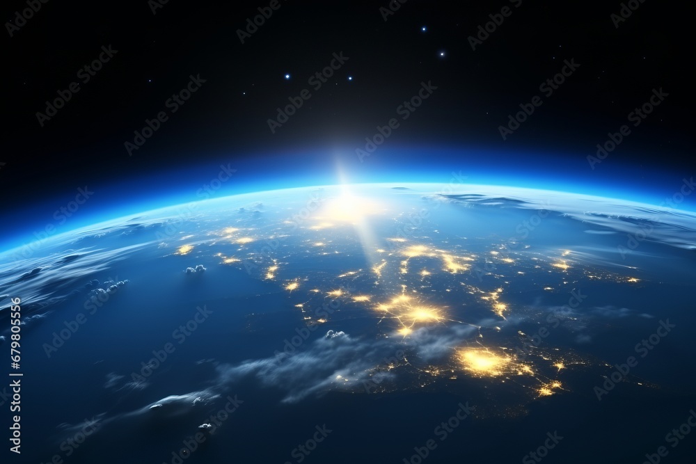Panoramic view of glowing earth globe from space with city lights and light white clouds