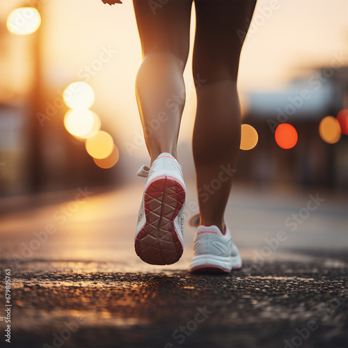 Frauenbeine mit weißen Laufschuhen am Joggen auf Straße Weg Natur (Durch AI generiert)