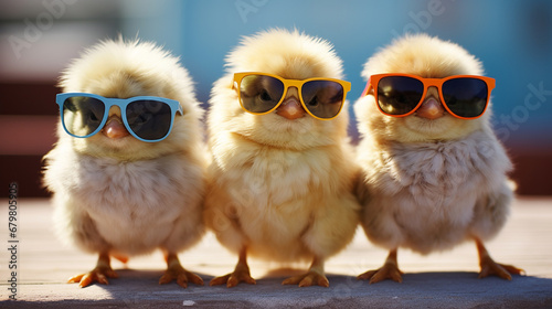 Cute spring baby chick wearing cool sunglasses.Generative AI photo