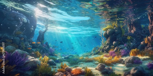 Virtual background of an underwater fantasy. Coral and sunrays through the ocean water. Great for aquatic background portrait photography.