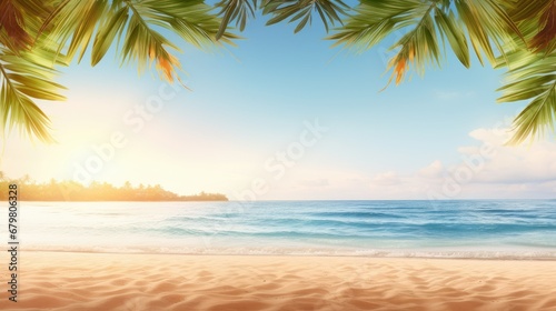 Beautiful wide panorama of a paradise beach with golden sand and palm leaves in blur. Summer banner © Creative Canvas