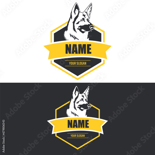 Maqueta vectorial de diseño de logo de perro. Animales Clínica veterinaria. Logotipo amarillo con gris perro en el centro. Plantilla logo imprimible