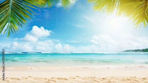 Beautiful wide panorama of a paradise beach with golden sand and palm leaves in blur. Summer banne © Creative Canvas