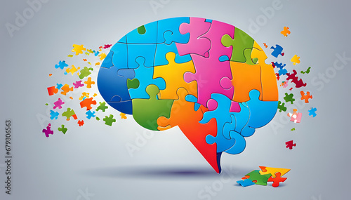 Brain puzzle icon. Colorful neurodiversity concept. Human mind complexity. Creativity and brainstorming. Emotional intelligence. Mental health balance. Jigsaw pieces. Vector illustration, clip art