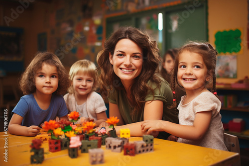 Erzieherin im Kindergarten mit kleinen Kindern am Spielen am Tisch (