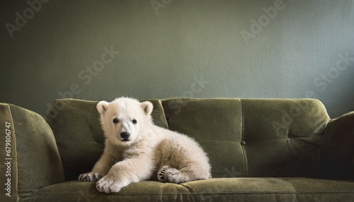 polar bear cub on vintage sofa, backdrop / background / wallpaper with text space