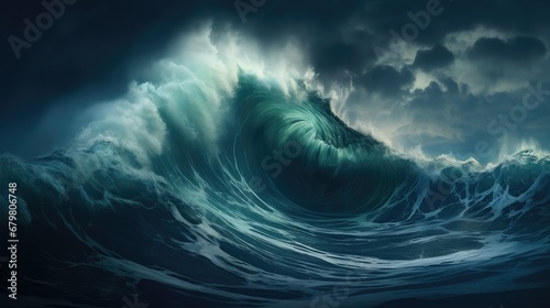 Beauty of marine nature  strength and power of the water element in form of a large turquoise sea wave crashing on shore.