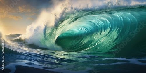 Beauty of marine nature, strength and power of the water element in form of a large turquoise sea wave crashing on shore. © Creative Canvas
