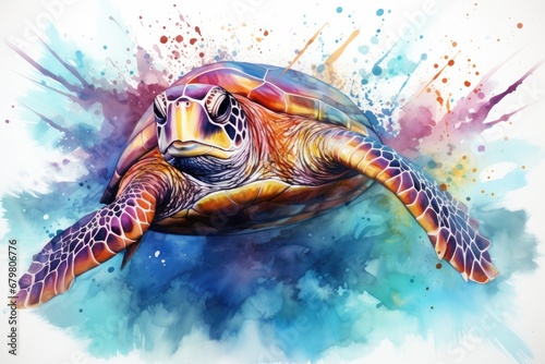 watercolor Turtle illustration with splash watercolor textured background