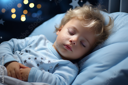 Süßes schlafender Junge in blauem Schlafanzug (Durch AI generiert)