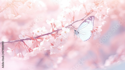 Branches blossoming cherry on the background blue sky, fluttering butterflies in spring on nature outdoors. Pink sakura flowers, amazing colorful dreamy romantic artistic image spring nature