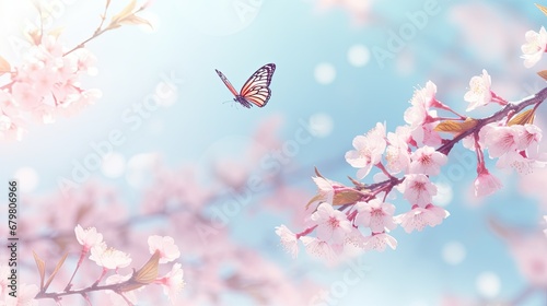 Branches blossoming cherry on the background blue sky, fluttering butterflies in spring on nature outdoors. Pink sakura flowers, amazing colorful dreamy romantic artistic image spring nature photo
