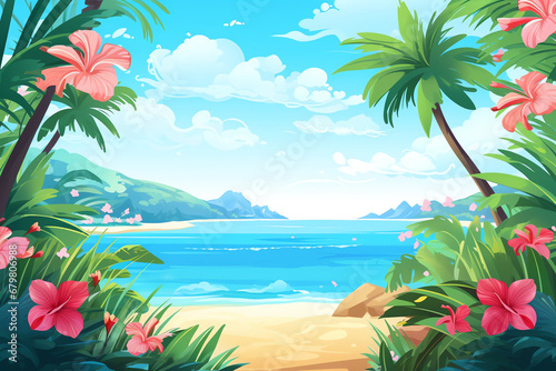 a beach with palm trees and flowers