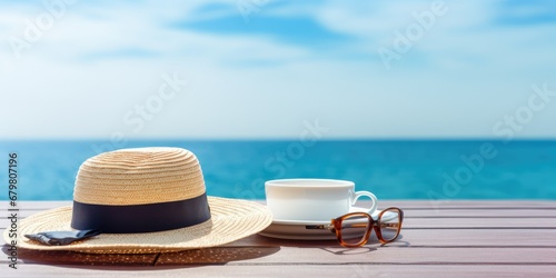 summer beach holiday. Beach accessories - straw hat  sunglasses with blue sky reflection  starfish  on sandy tropical beach against turquoise ocean on bright sunny day