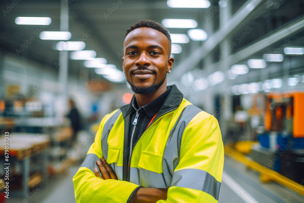 Portrait of an African American factory worker standing in the production line with arms proudly crossed, dressed in work clothes Portrait of an African American factory worker standing in the production line with arms proudly crossed, dressed in work clothes
