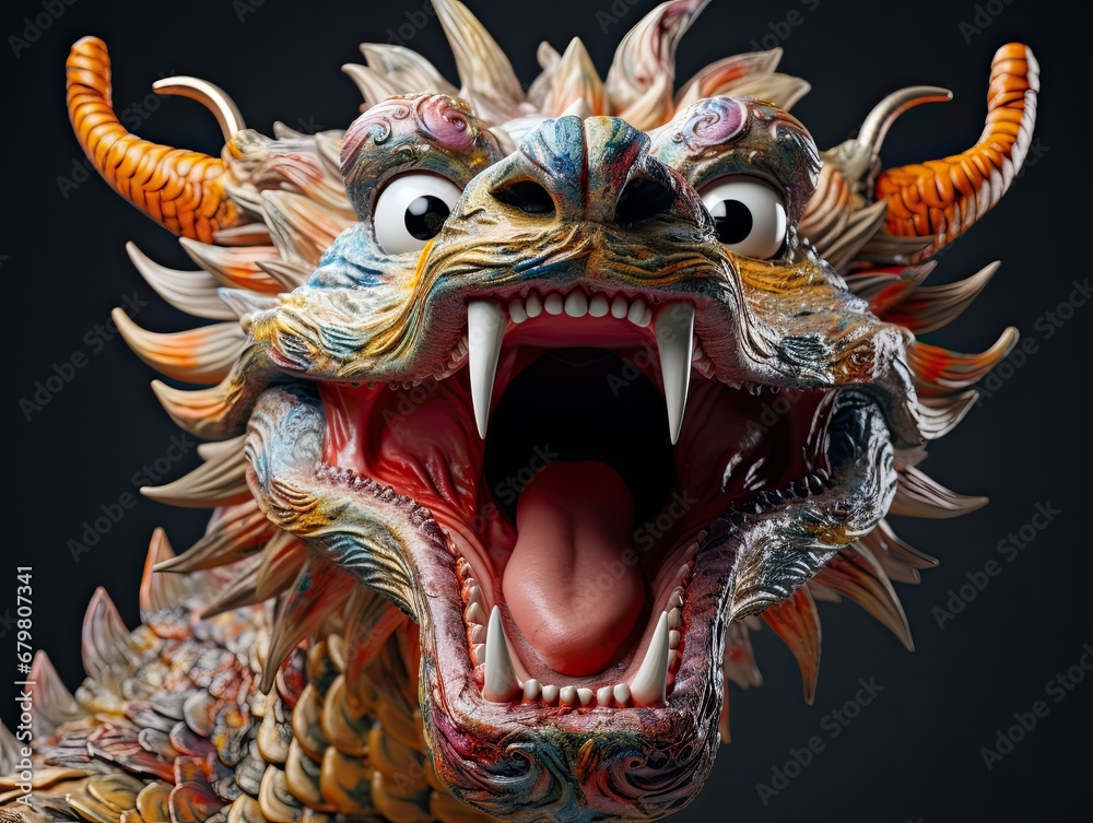 Painted head of a Chinese dragon on a dark background. The Symbol Of The New Year 2024.