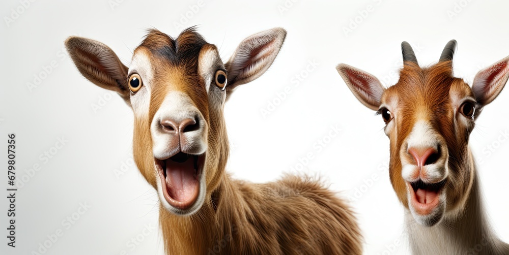 The head of two young goats with an open mouth and a surprised look. highlighted on a white background. Generated by AI. - obrazy, fototapety, plakaty 