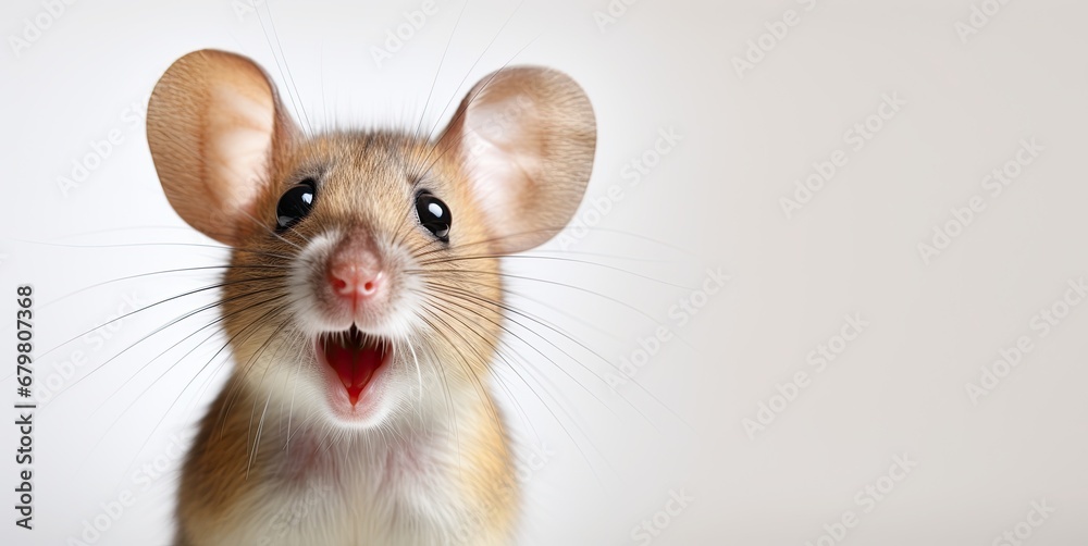 A cute little lop-eared mouse with an open mouth anThe concept of surprise. Generated by AI.