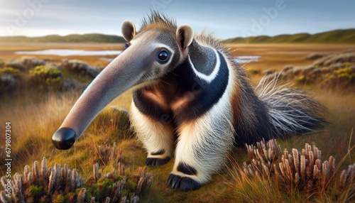 Close-up photograph of a Giant Anteater (Myrmecophaga tridactyla) in grasslands, highlighting its long snout and distinctive fur.
 photo