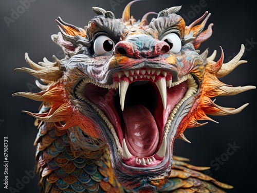 Painted head of a Chinese dragon on a dark background. The Symbol Of The New Year 2024. © index74