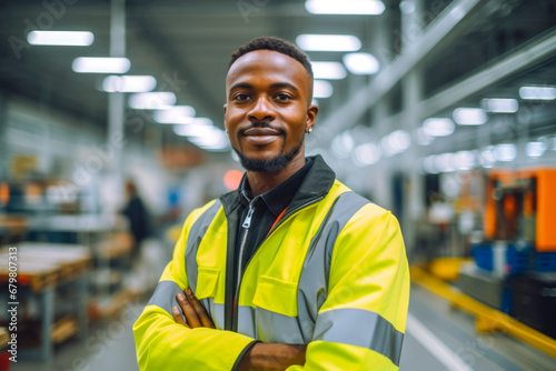 Portrait of an African American factory worker standing in the production line with arms proudly crossed, dressed in work clothes