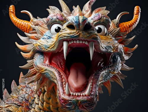 Painted head of a Chinese dragon on a dark background. The Symbol Of The New Year 2024.