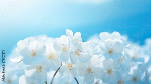 Delicate blue airy spring background with cherry blossoms macro on sky background in nature outdoors