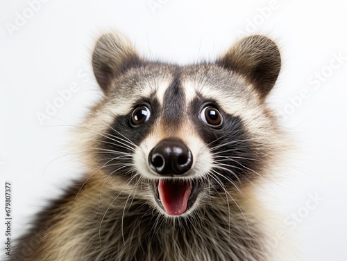 A cute little raccoon with an open mouth and a surprised look looks at the camera. The concept of great surprise.