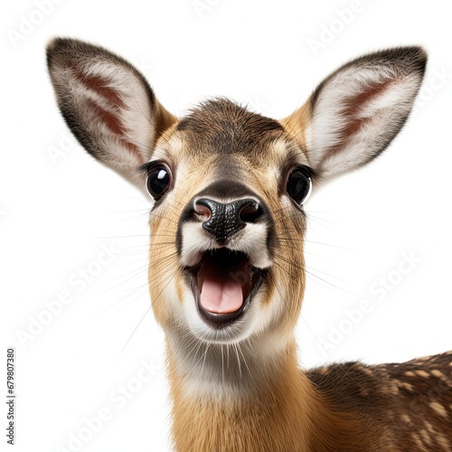 A cute little fawn with an open mouth and a surprised look looks at the camera. Generated by AI.