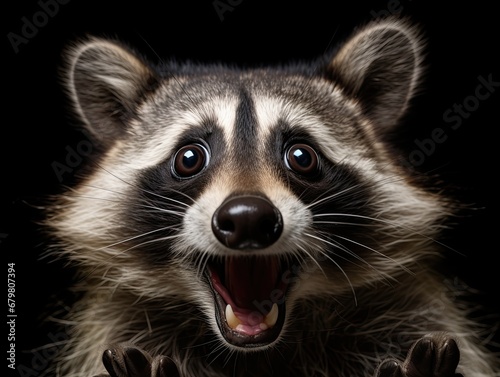 A cute little raccoon with an open mouth and a surprised look looks at the camera. The concept of great surprise.