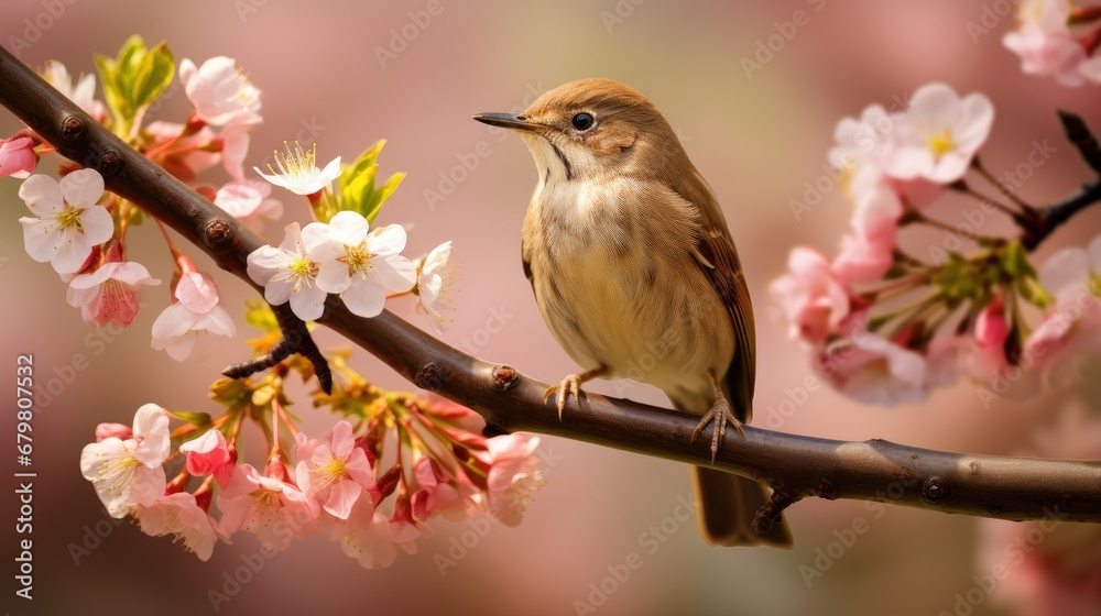 Delightfully beautiful nightingale bird on a flowering tree in spring Delightfully beautiful nightingale bird on a flowering tree in spring