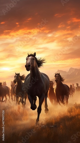 Herd wild horses galloping freely animal breeds illustration picture AI generated art © Biplob