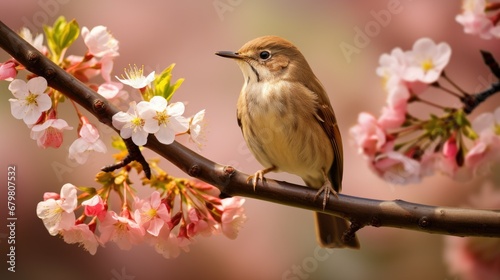 Delightfully beautiful nightingale bird on a flowering tree in spring © Creative Canvas