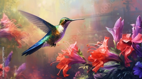 Delightfully beautiful bird hummingbird in flight over flowering plants in spring © Creative Canvas
