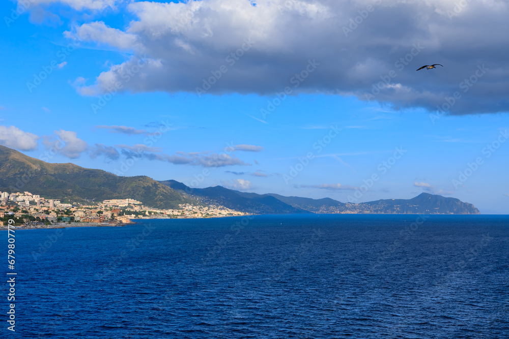 Panoramic view of the Golfo Paradiso in Italy: this stretch of coast between Genoa and Monte di Portofino is part of the Riviera di Levante in Liguria