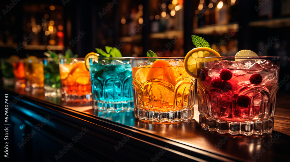 Elegant Cocktail Bar Scene with an Array of Colorful and Sophisticated Drinks. Generative AI.