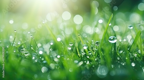 Juicy lush green grass on meadow with drops of water dew in morning light in spring summer outdoors close-up macro, panorama. Beautiful artistic image of purity and freshness of nature, copy space photo