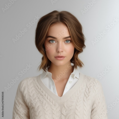 Caucasian beautiful brown haired woman wearing white sweater and white jeans over white background