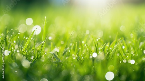 Juicy lush green grass on meadow with drops of water dew in morning light in spring summer outdoors close-up macro, panorama. Beautiful artistic image of purity and freshness of nature, copy space