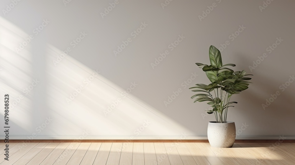 Light gray wall and and a wooden floor with a potted plant with interesting light glare