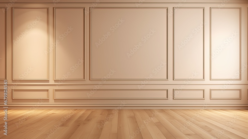 Light brown empty wall with decorative paneling and wood flooring with interesting light reflections. Background for the presentation Light brown empty wall with decorative paneling and wood flooring with interesting light reflections. Background for the presentation
