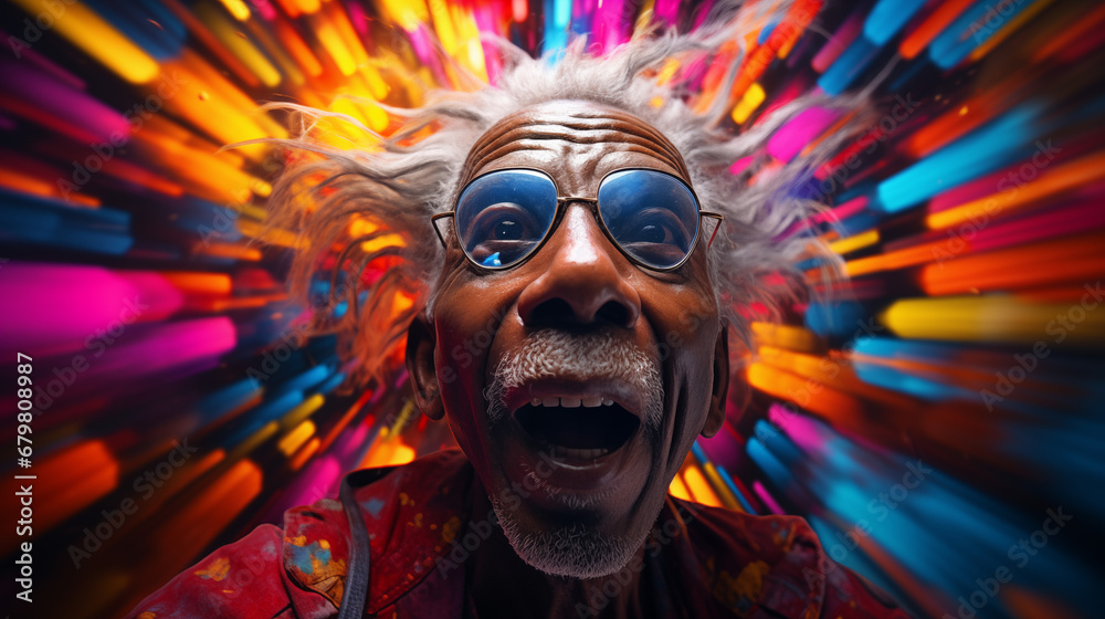 Vibrant Close-Up of Amazed Old Black Man in Psychedelic Motion