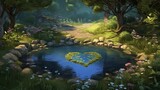 Generate a tranquil forest scene with a heart-shaped pond and 