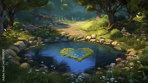 Generate a tranquil forest scene with a heart-shaped pond and  Love blooms in nature. 